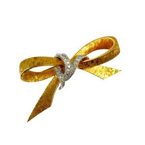 Vintage Gold Bow Brooch with Rhinestones Textured Metal Ribbon Pin